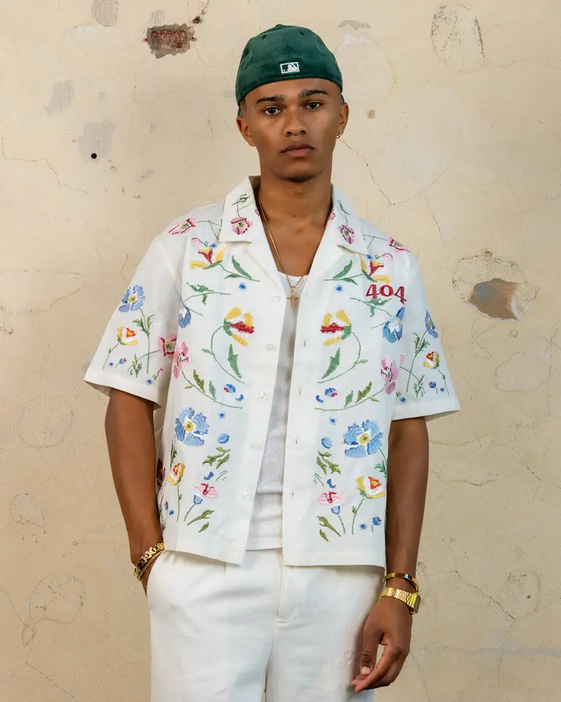 404 Midsommar Embroidered Button Up T-Shirt Ecru 1