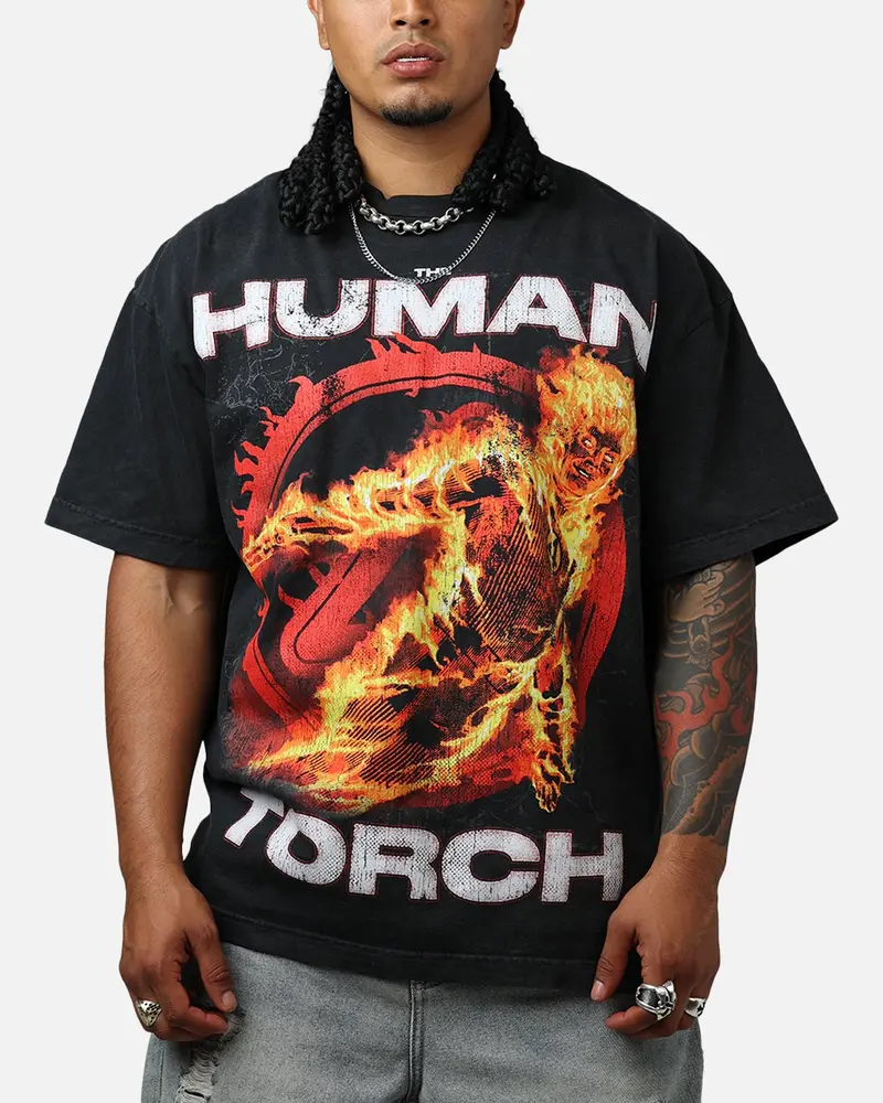 73Studio Marvel Fantastic Four Human Torch Fire Vintage T-Shirt Black Acidwash 1