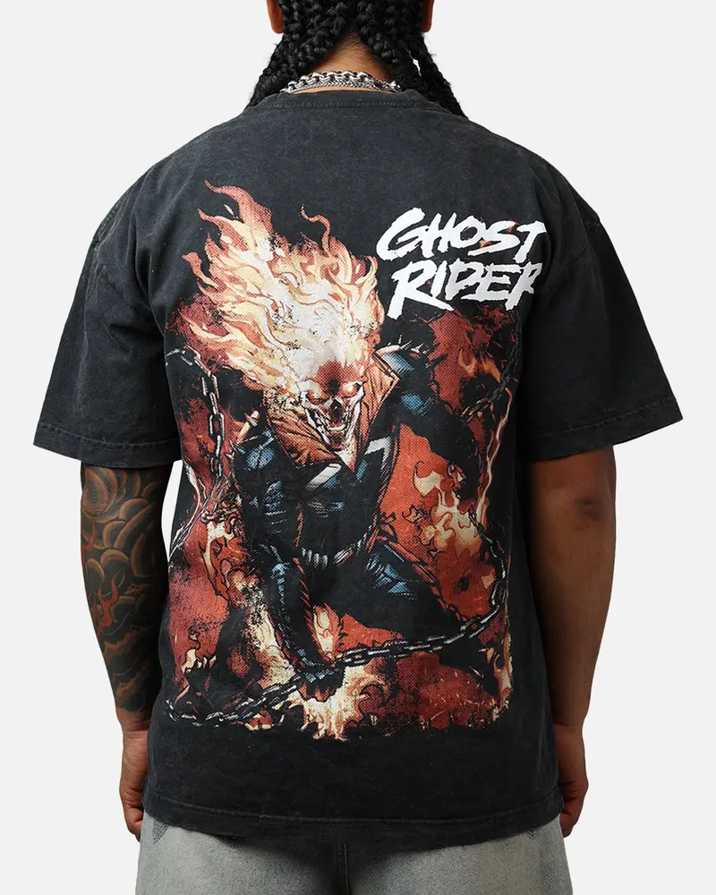 73Studio Marvel Ghost Rider Fire Vintage T-Shirt Black Acidwash 1