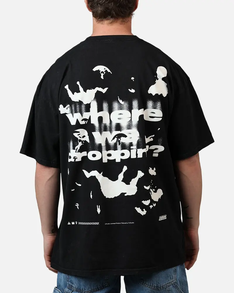 73Studio X Fortnite Where We Droppin T-Shirt Black Acidwash 1