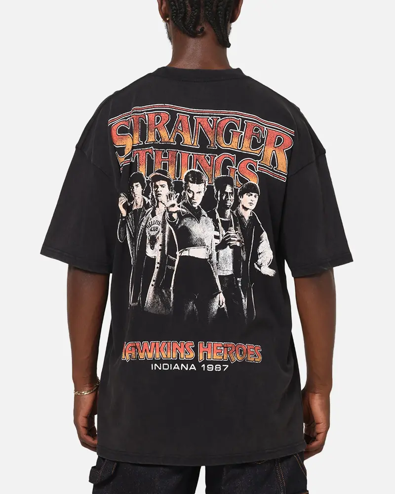 73Studio X Stranger Things Hawkins Heroes T-Shirt Black Acidwash 1