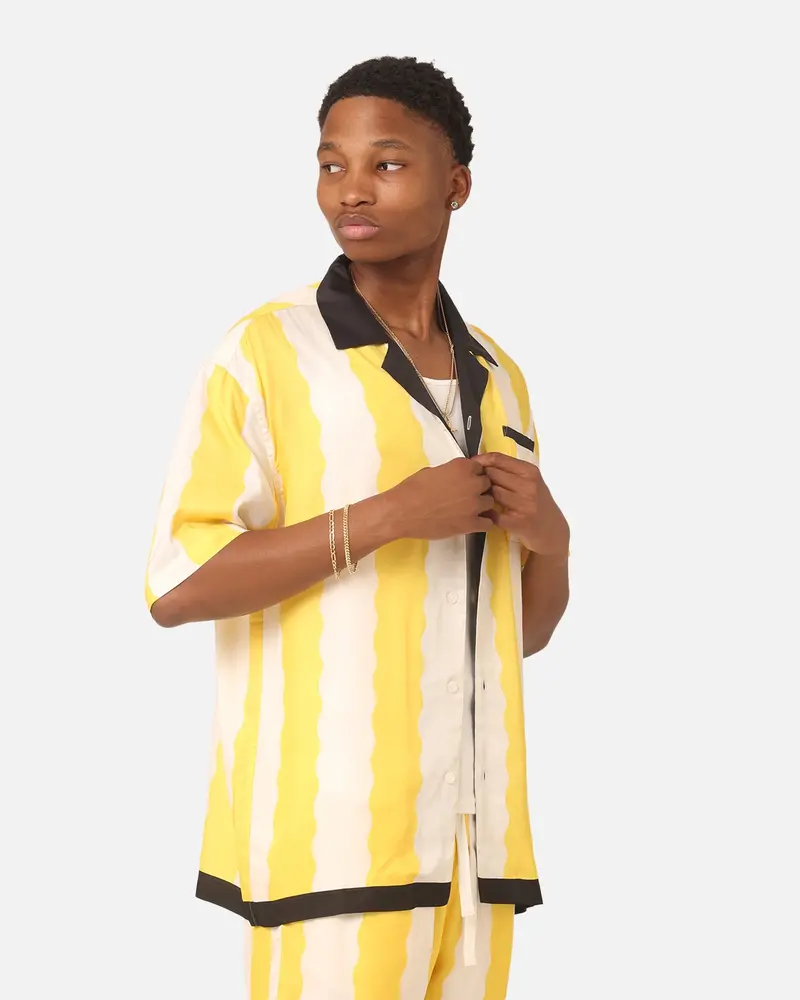 99 Cabana Bowling Short Sleeve Button Up Shirt Yellow/Off White 1