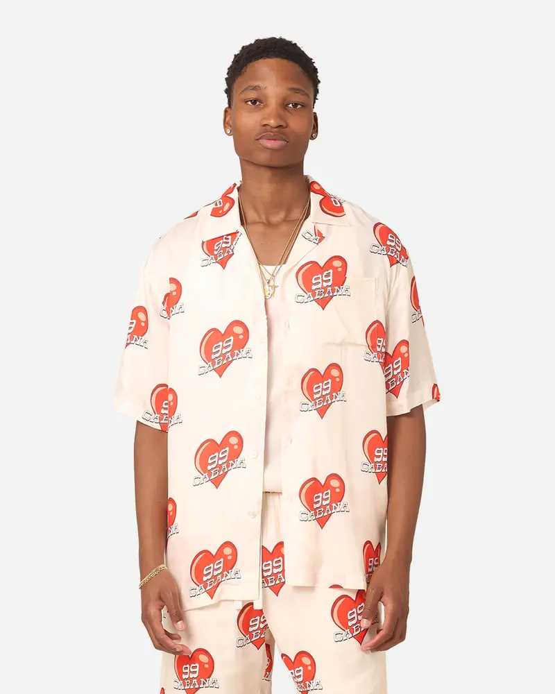 99 Cabana Roaming Hearts Short Sleeve Button Up Shirt Off White/Red 1
