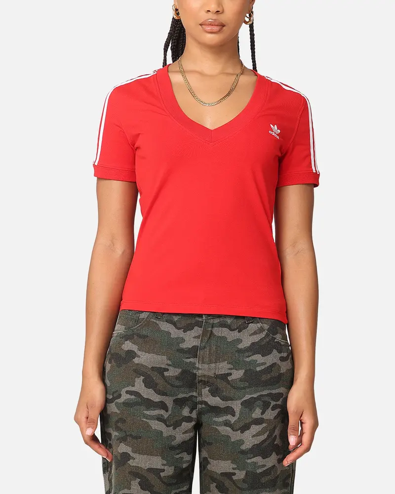 Adidas Women's 3 Stripe V-Neck T-Shirt Better Scarlet 1