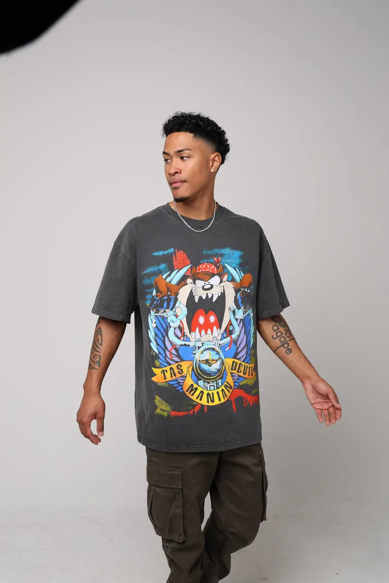 American Thrift X Looney Tunes Taz Motorcycles Heavyweight Vintage T-Shirt Black Wash 1