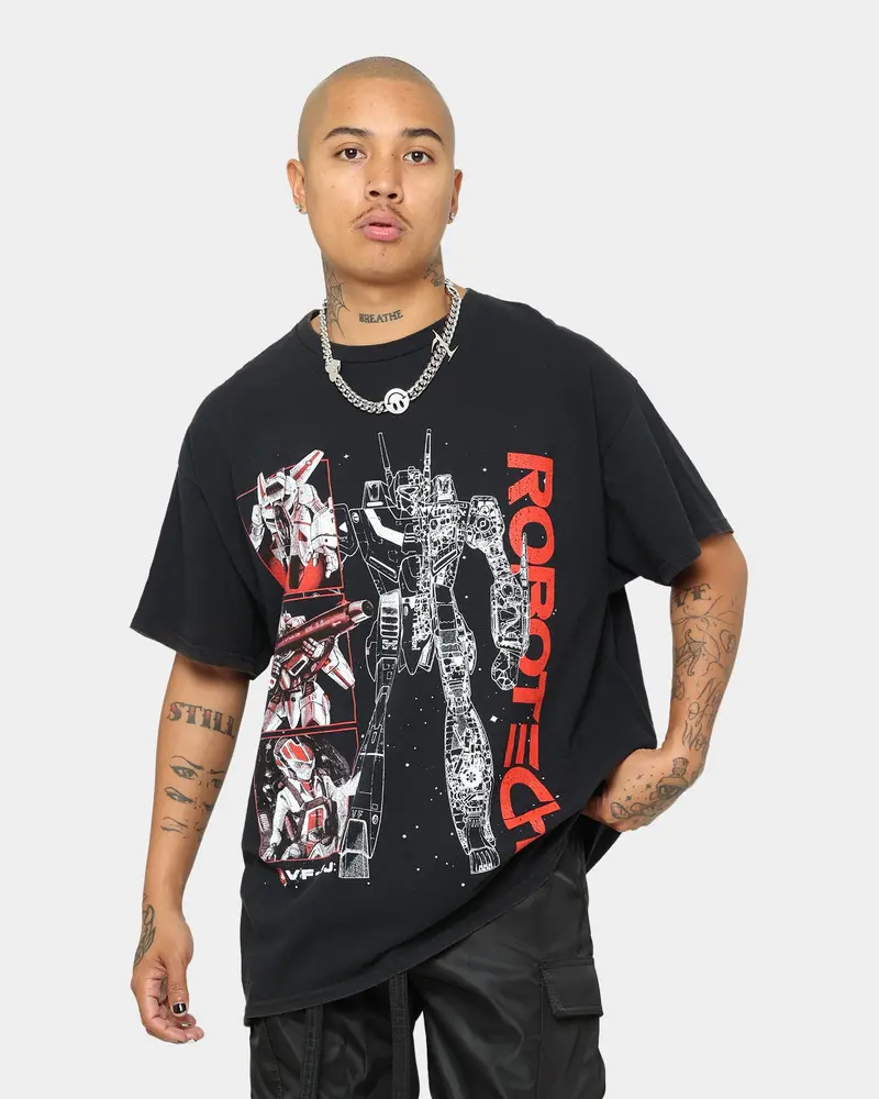American Thrift X Robotech Vfij Vintage T-Shirt Washed Black 1
