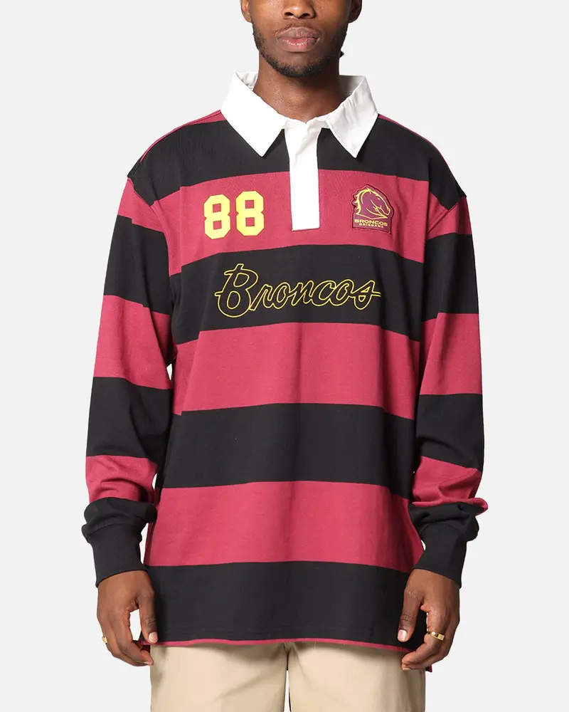 Bleacher Athletic Brisbane Broncos Nrl Stripe Rugby Polo Shirt Official Team Colour 1
