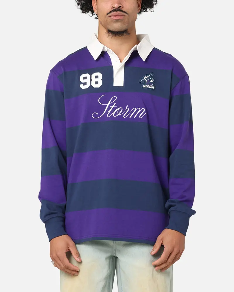 Bleacher Athletic Melbourne Storm Nrl Stripe Rugby Polo Shirt Official Team Colour 1