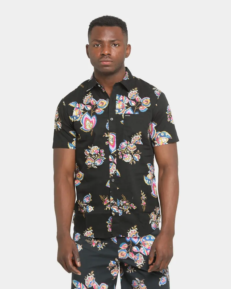 Brixton Charter Print Short Sleeve Woven Shirt Black/Purple 1