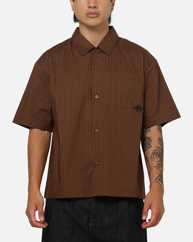 Carre Signature Rose Button Up Shirt Brown Pinstripe 1