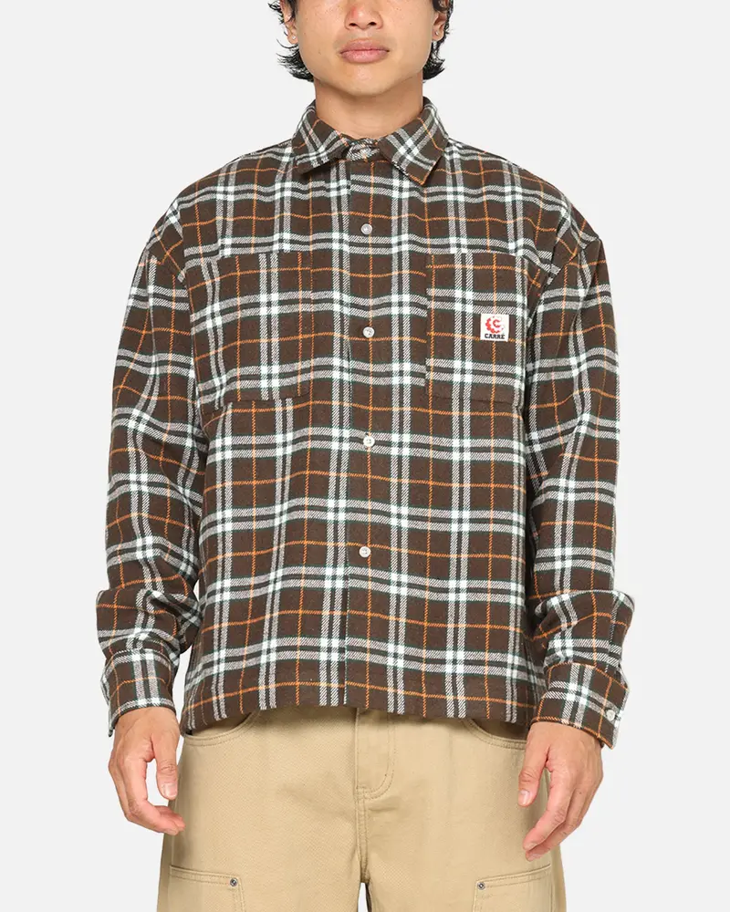 Carre Workwear Long Sleeve Button Up Shirt Brown-Plaid 1