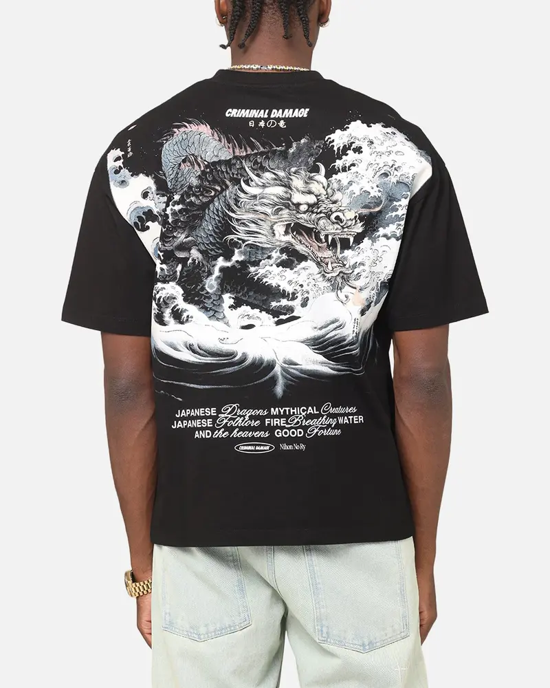 Criminal Damage Dragon Wave T-Shirt Washed Black 1