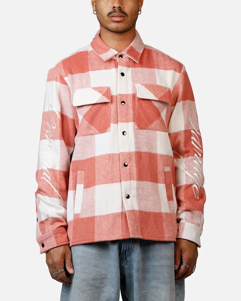 Criminal Damage Embroidered Flannel Shirt Pink 1