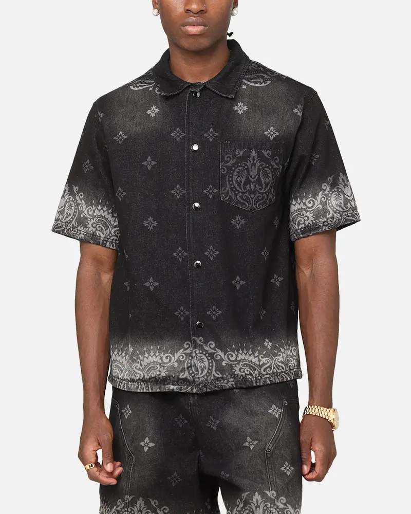 Criminal Damage Laser Print Denim Button Up Shirt Washed Black 1