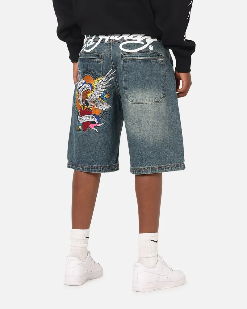 Ed Hardy Brave Hearts Jorts Washed Indigo 1