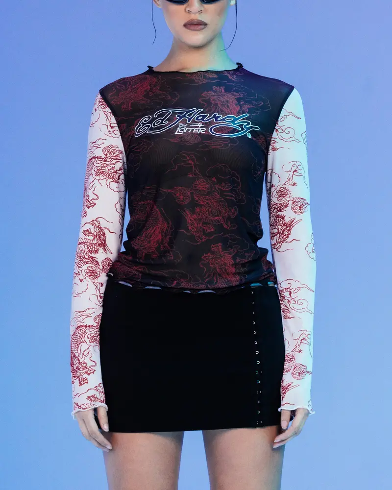 Ed Hardy By Loiter Women's Mesh Long Sleeve Top Black/White 1