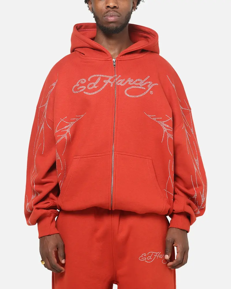 Ed Hardy Cyber Rhinestone Zip-Up Hoodie Red 1