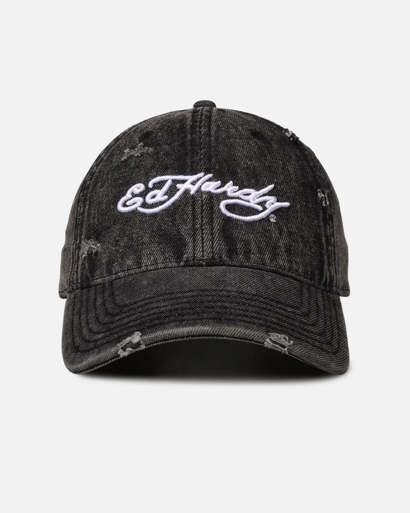 Ed Hardy Distressed Denim Strapback Cap Black Wash 1