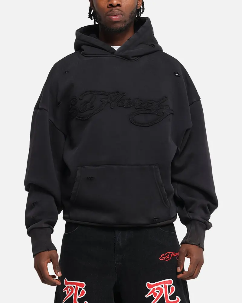 Ed Hardy Distressed Hoodie Washed Black 1
