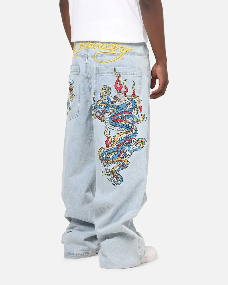 Ed Hardy Dragon Ultra Wide Leg Jeans Light Wash Blue 1