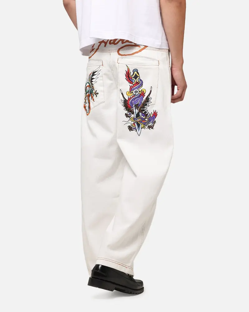 Ed Hardy Dragon Wide Leg Denim Jeans Off White 1
