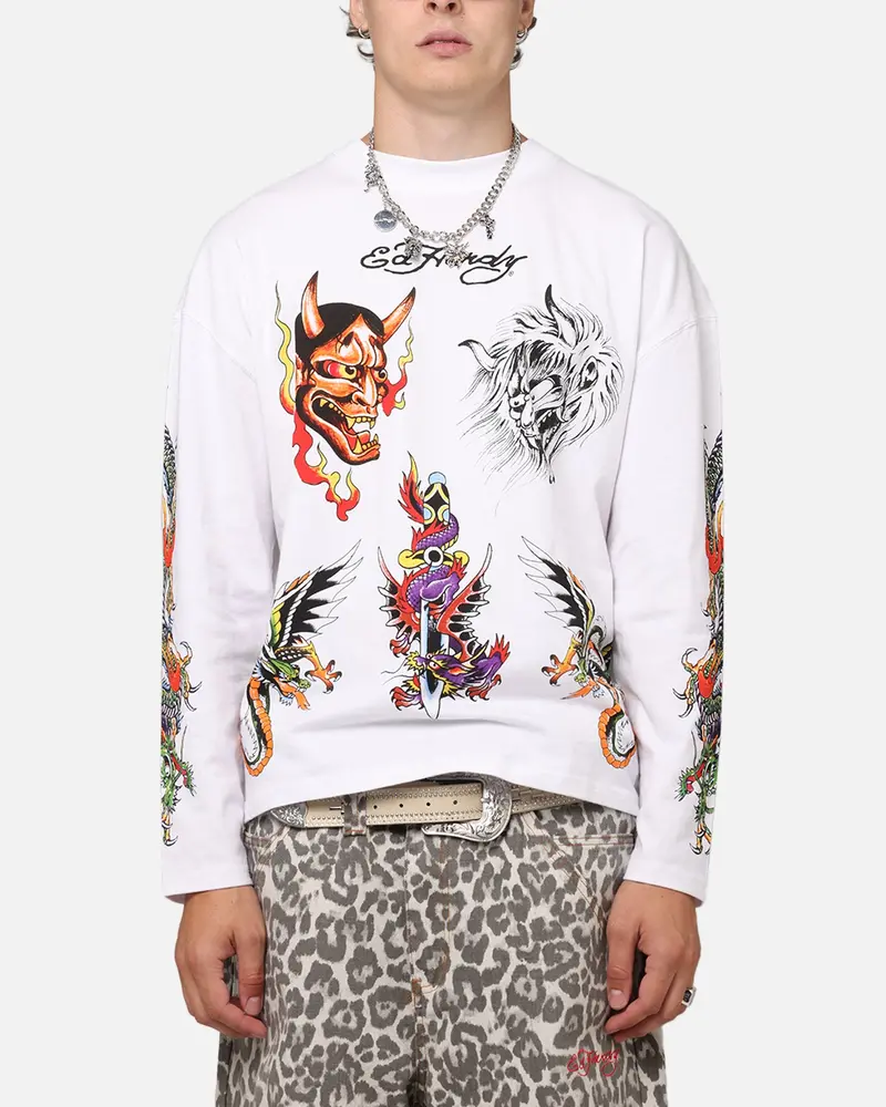 Ed Hardy Ed's Tattooing Long Sleeve T-Shirt Off White 1