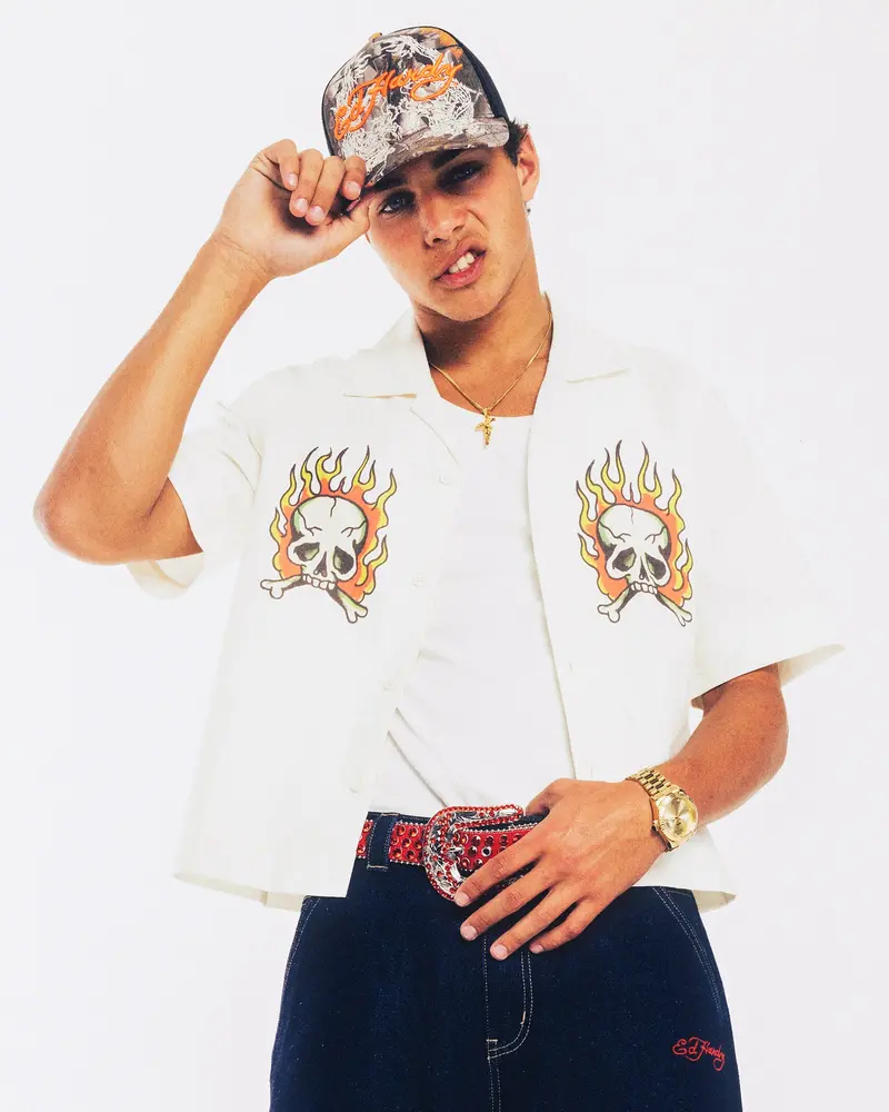 Ed Hardy Flaming Skull Button Up Shirt Off White 1