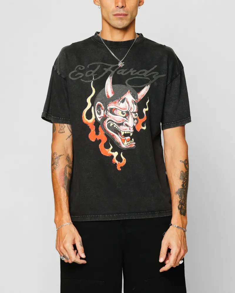 Ed Hardy Horns T-Shirt Black Acidwash 1