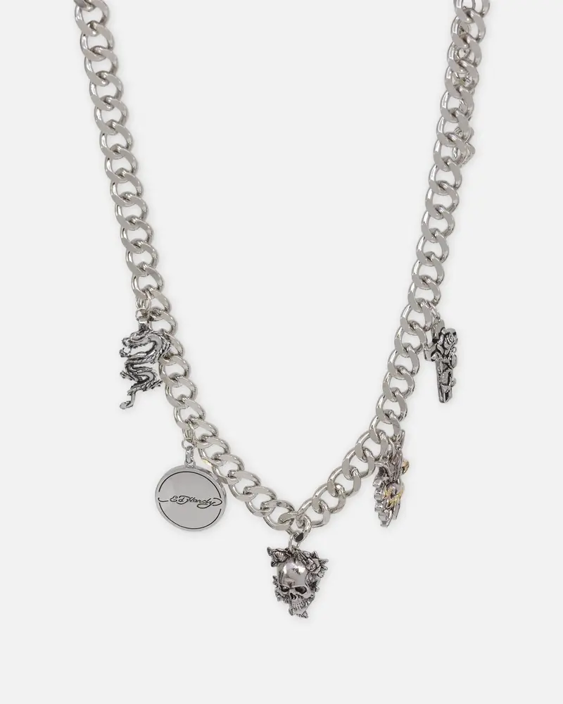 Ed Hardy Multi Charm Cuban Chain Necklace Silver 1