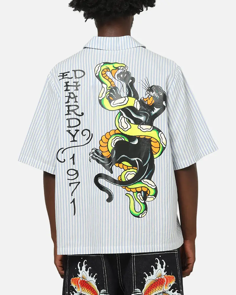 Ed Hardy Panther Button-Up Shirt Blue Pin Stripe 1
