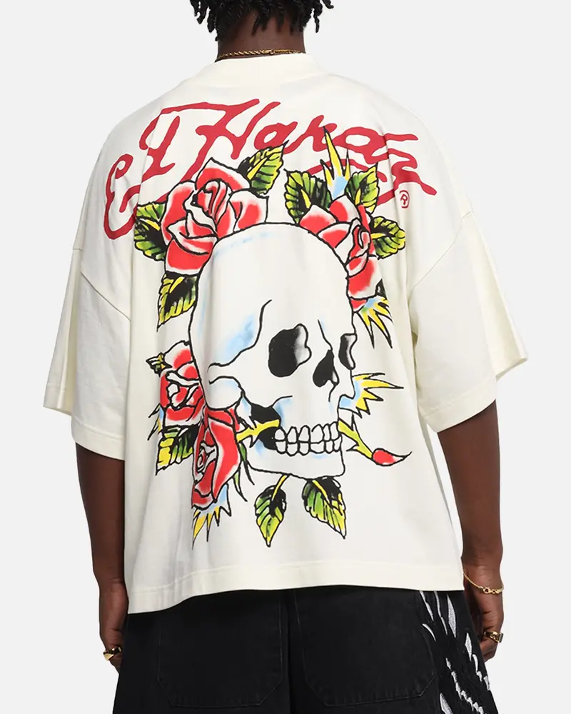 Ed Hardy Rose Skull Oversized Print T-Shirt Off White 1
