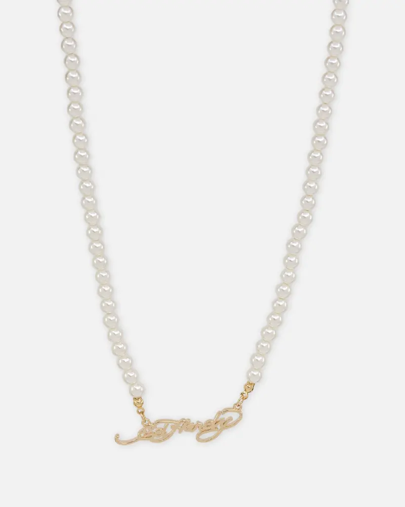 Ed Hardy Scroll Logo Carrie Pearl Necklace Gold 1