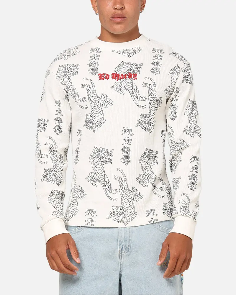 Ed Hardy Tiger Waffle Long Sleeve T-Shirt Off White 1
