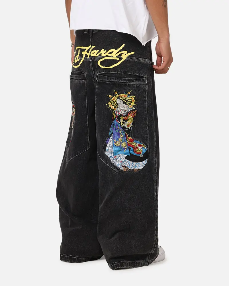 Ed Hardy Ultra Wide Leg Denim Jeans Black/Yellow 1