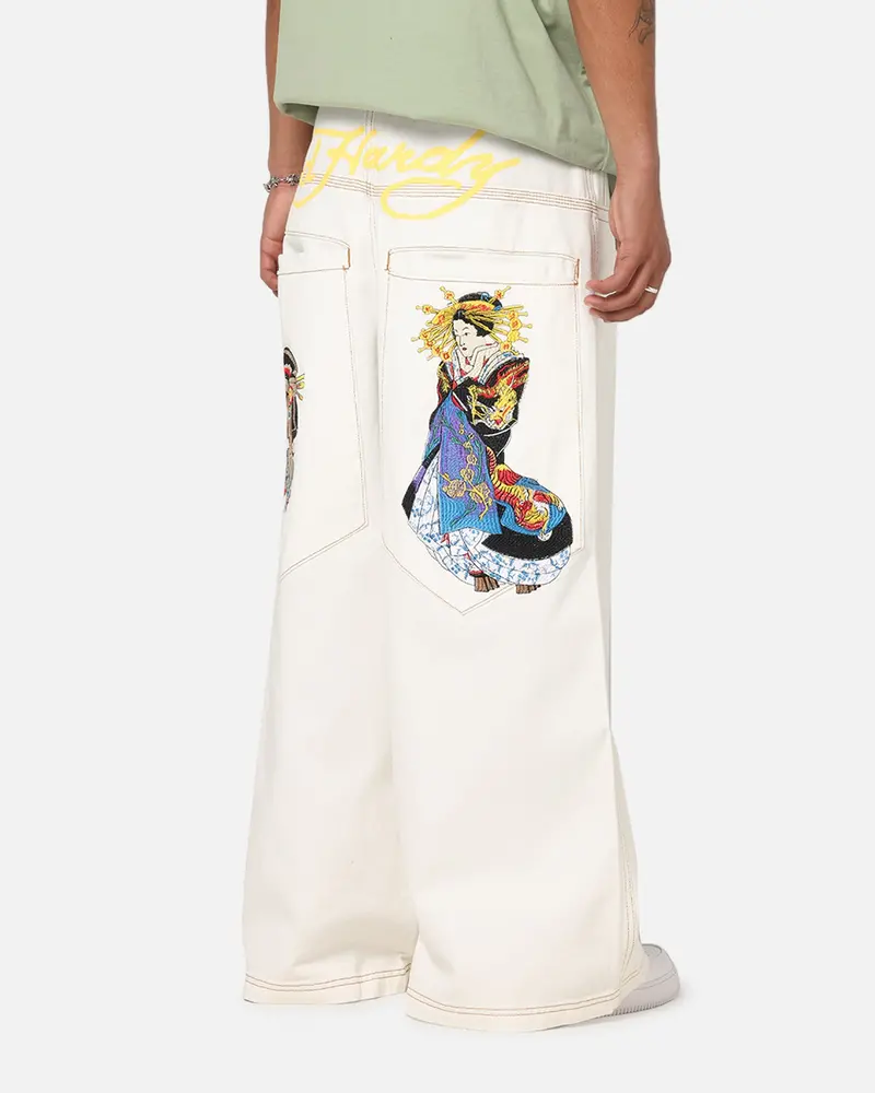 Ed Hardy Ultra Wide Leg Denim Jeans Off White/Yellow 1