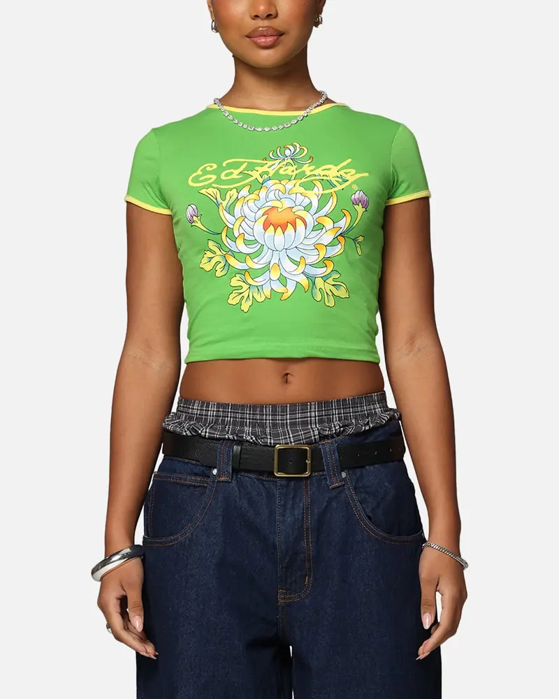Ed Hardy Women's Blooming Baby Ringer T-Shirt Green/Yellow 1