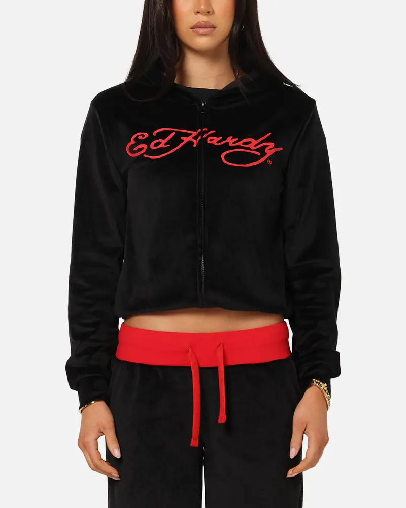 Ed Hardy Women's Cropped Hoodie Black/Red 1