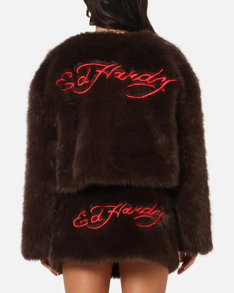 Ed Hardy Women's Faux Fur Jacket Brown 1