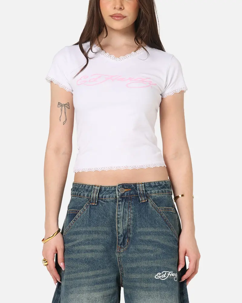 Ed Hardy Women's Lace Trim Baby T-Shirt White 1