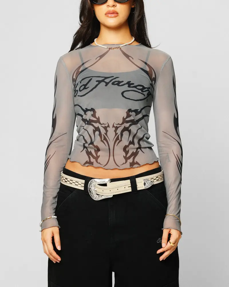 Ed Hardy Women's Techno Long Sleeve Mesh Top Washed Grey 1