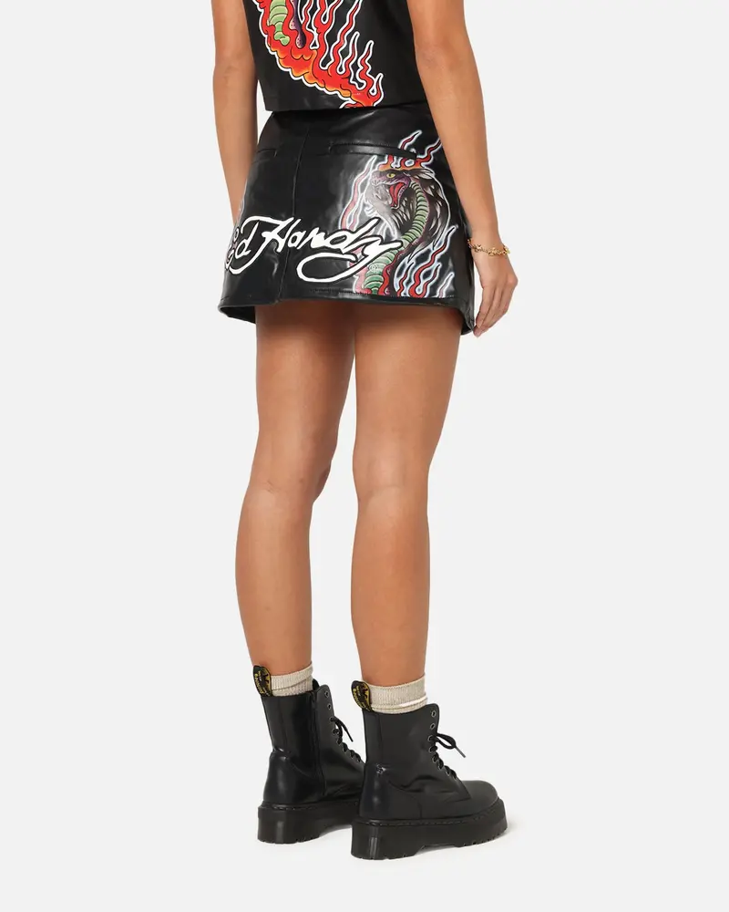 Ed Hardy Women's Vegan Leather Biker Mini Skirt Black 1