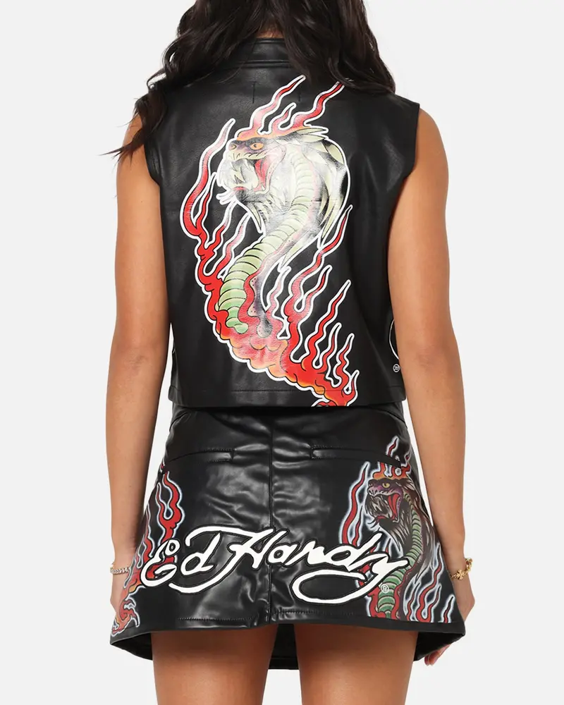 Ed Hardy Women's Vegan Leather Biker Vest Black 1