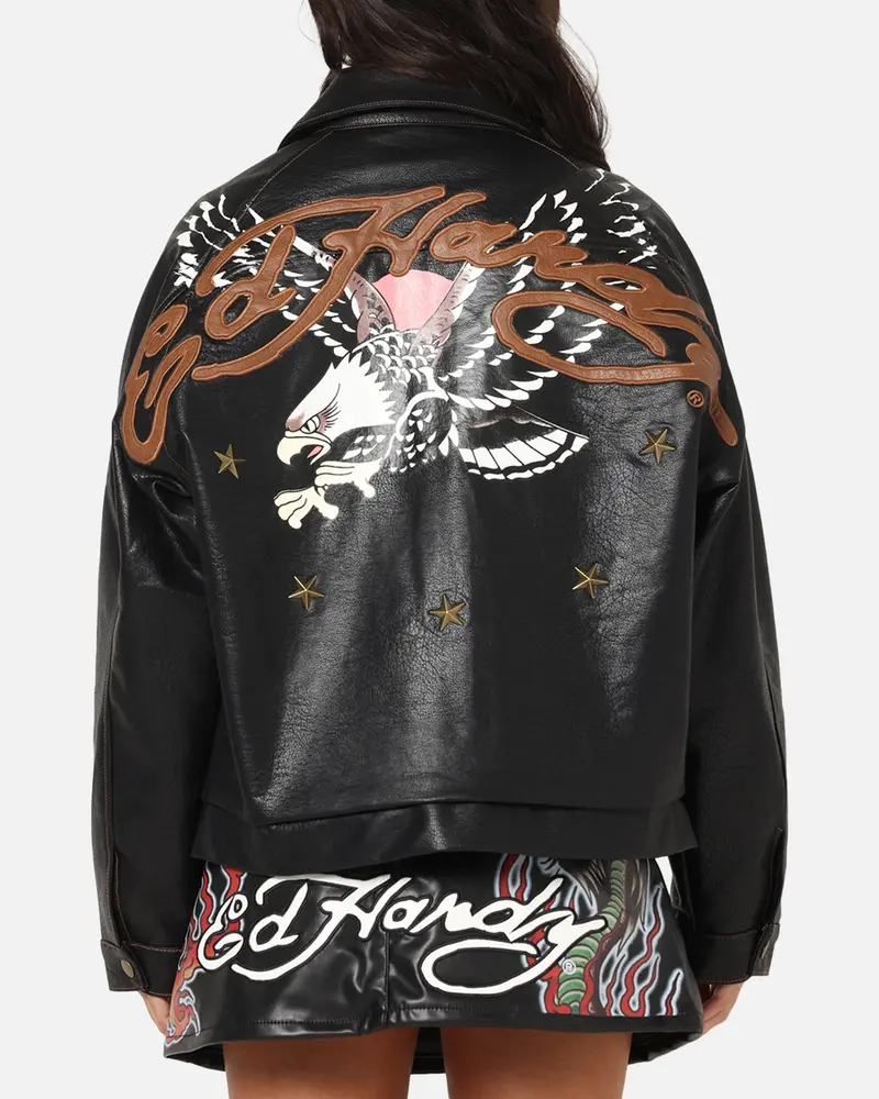 Ed Hardy Women's Vegan Leather Bomber Jacket Black 1