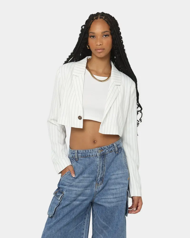 En Es Women's Luna Cropped Blazer Pin Stripe White 1