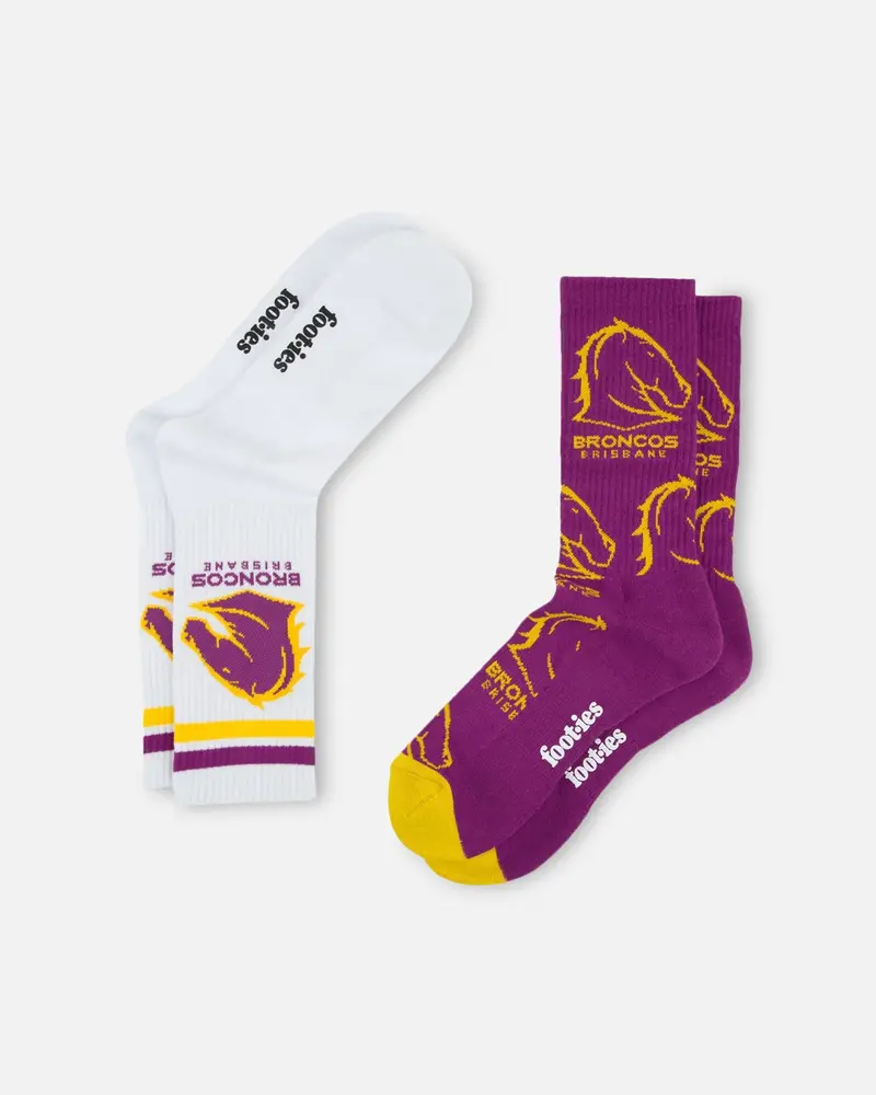 Foot-Ies Brisbane Broncos Crew Socks 2 Pack Maroon/White 1