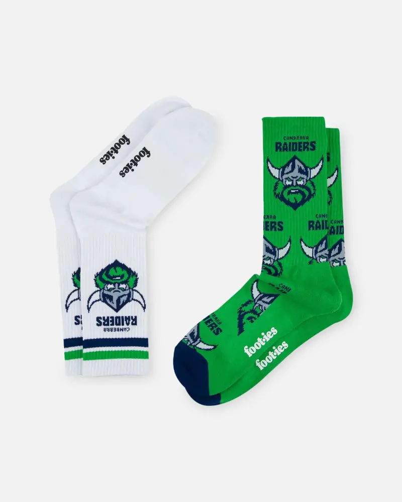Foot-Ies Canberra Raiders Crew Socks 2 Pack Green/White 1