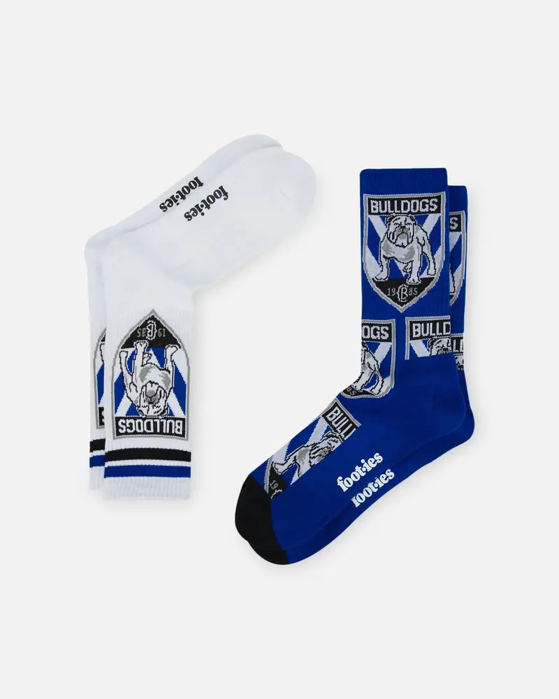 Foot-Ies Canterbury-Bankstown Bulldogs Crew Socks 2 Pack Navy/White 1