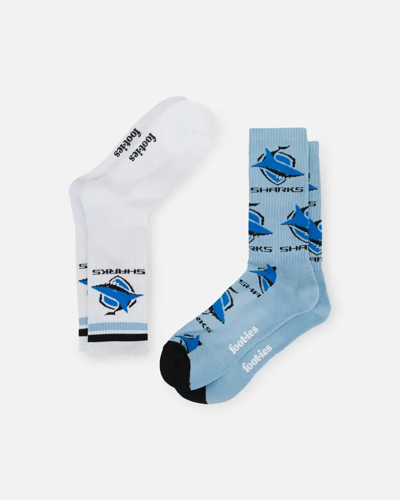 Foot-Ies Cronulla-Sutherland Sharks Crew Socks 2 Pack Blue/White 1