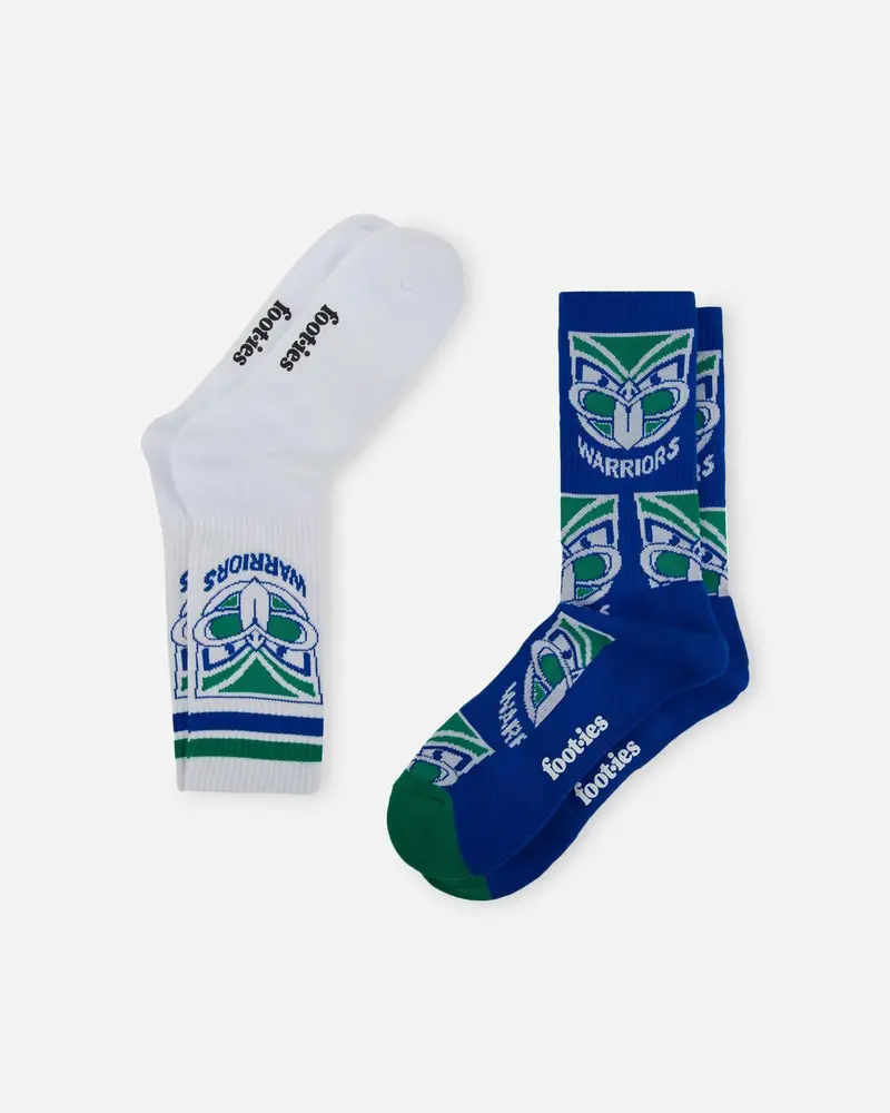 Foot-Ies New Zealand Warriors Crew Socks 2 Pack White/Blue 1