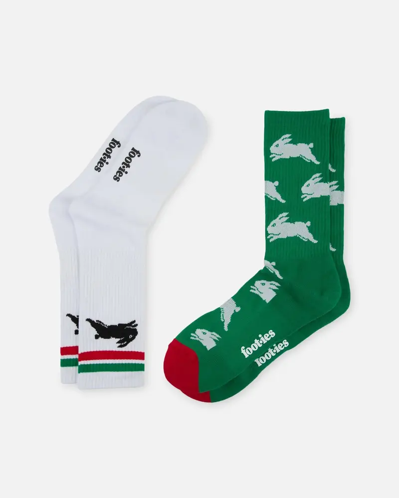 Foot-Ies South Sydney Rabbitohs Crew Socks 2 Pack Green/White 1